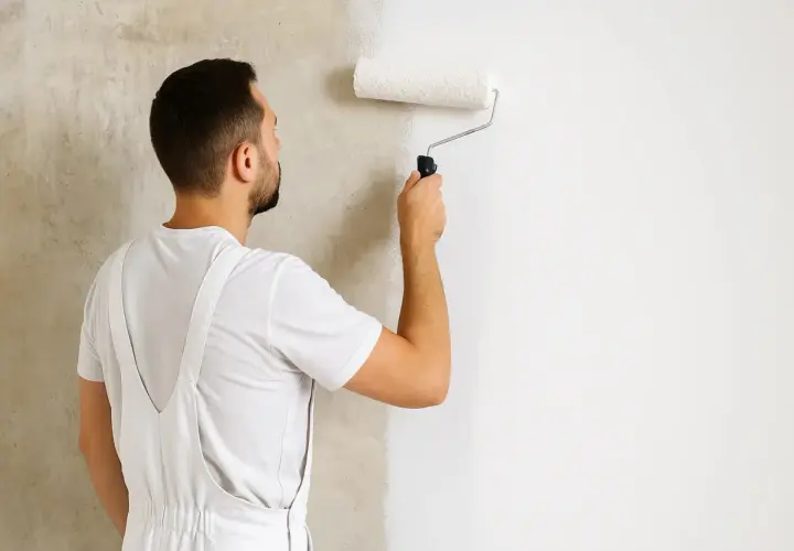 Mann trägt mit einer Rolle Rollputz auf eine Wand auf. Die Wand wird von rauem Beton zu glattem Weiß verändert.