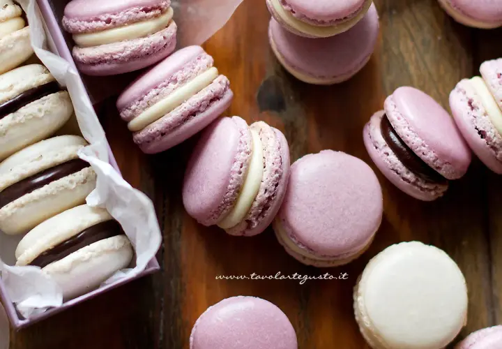 Deliziosi macarons viola e bianchi, perfetti per chi cerca una ricetta facile.