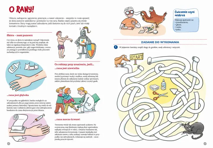 Ilustracje pokazują, jak udzielić pierwszej pomocy dzieciom przy ranach. Materiały do nauki pierwszej pomocy dla dzieci.