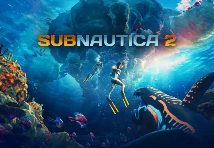 Plongez dans l'univers de Subnautica 2. Deux explorateurs sous-marins nagent près d'un récif coloré, tandis qu'un prédateur géant surgit. La config du jeu promet des aventures aquatiques.