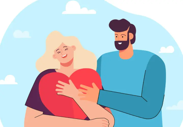 Coppia felice che si abbraccia con un grande cuore rosso. Lei sorride, lui la stringe. Ho bisogno di amore, e questo è un abbraccio pieno di esso.