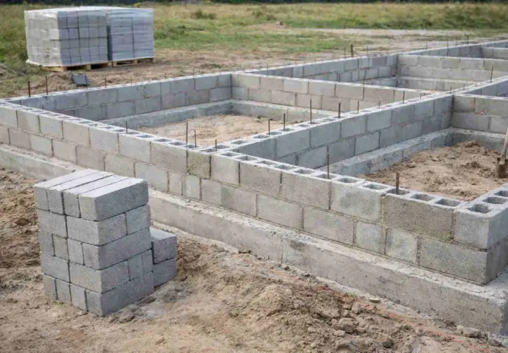 Fundament domu powstaje z pustaków. Bloczek budowlany tworzy solidne ściany fundamentowe, a na placu budowy widać zapas materiału.