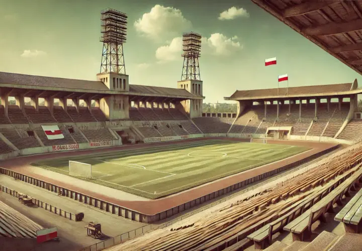 Stary stadion, gdzie rodziły się najstarsze kluby piłkarskie w Polsce. Widać trybuny, boisko i maszty oświetleniowe.