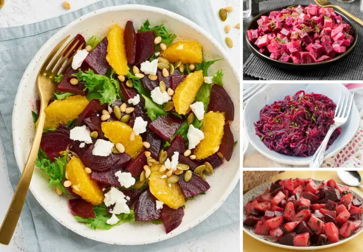 Ensalada de remolacha vibrante con naranja, queso feta y semillas. Otras preparaciones de remolacha en el collage.