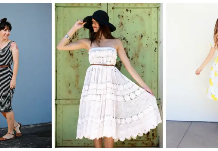 Three women showcase stylish DIY summer dresses: a striped midi, a white lace strapless, and a lemon-print A-line.