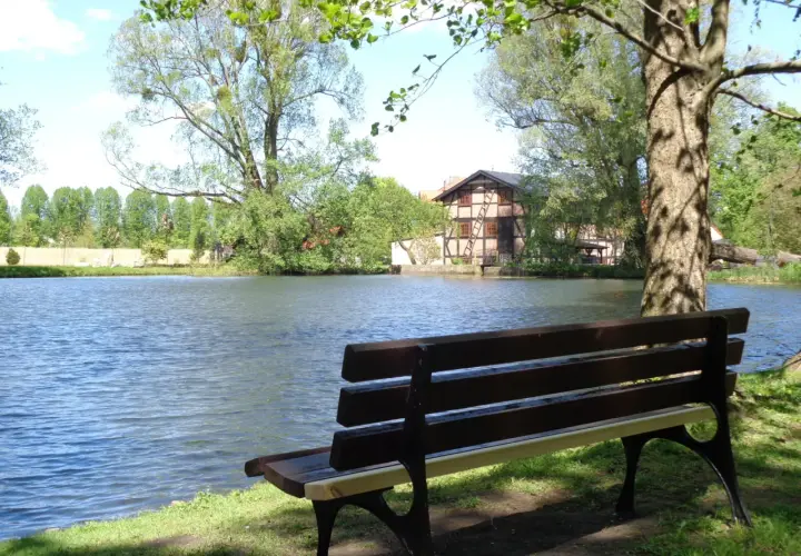 Ławka nad jeziorem, idealne miejsce na chwilę wytchnienia w **dolinie radości**. W tle dom z muru pruskiego i bujna zieleń.