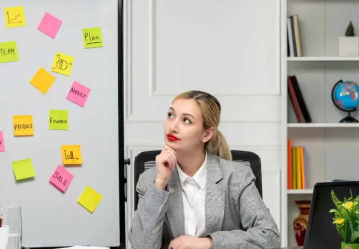 Kobieta zastanawia się nad strategią marketingową. Na tablicy karteczki z hasłami: "TEAM", "PRODUCT", "SALE", "DESIGN", "MONEY", "FINANCE", "PLAN".