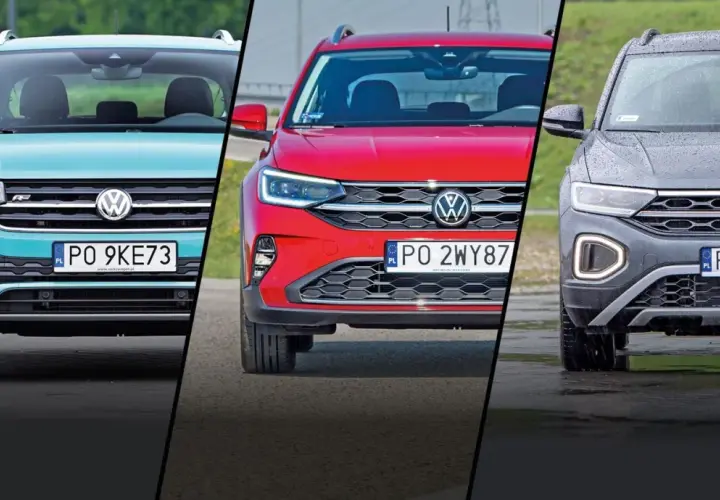 Trzy Volkswageny Cross: turkusowy, czerwony i szary, prezentują swoje przednie grille i światła.