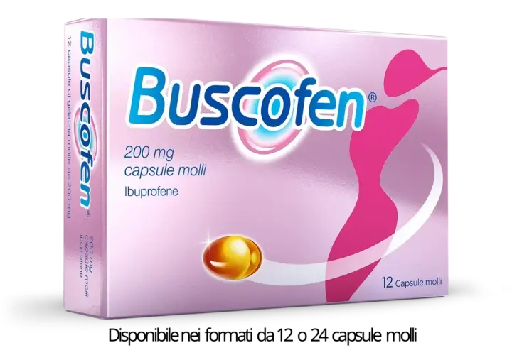 Confezione di Buscofen 200 mg, 12 capsule molli. Sollievo rapido dal dolore, non importa quante scariche.