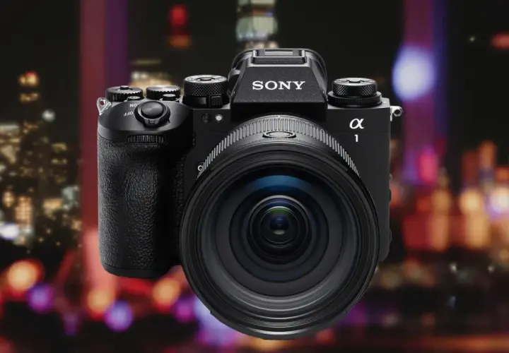 Profesjonalny aparat Sony A1 II z obiektywem na tle nocnego miasta.