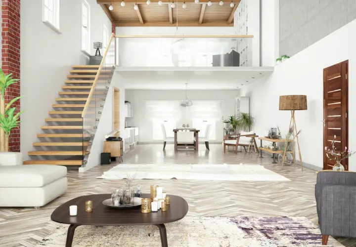 Un grand salon lumineux avec un escalier en bois menant à une mezzanine sous toit en pente. Un canapé blanc, une table basse et une salle à manger sont visibles.