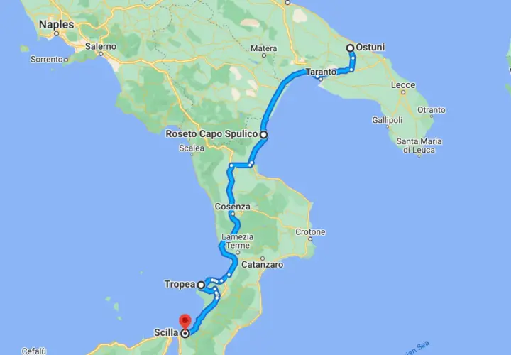 Map showing a road trip route from Naples through Calabria, Italy, passing cities like Cosenza, Tropea, and Scilla.