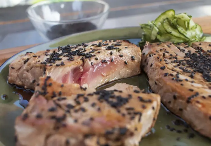 Perfekt gegrillter Thunfisch mit Sesam bestreut, serviert mit Gurkensalat. Ein Genuss für alle Sinne!