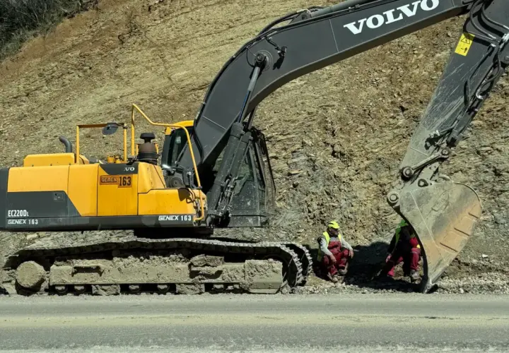 Dwa rodzaje koparek, w tym żółta Volvo EC220DL, pracują przy osuwisku. Dwóch robotników w kamizelkach odblaskowych odpoczywa.