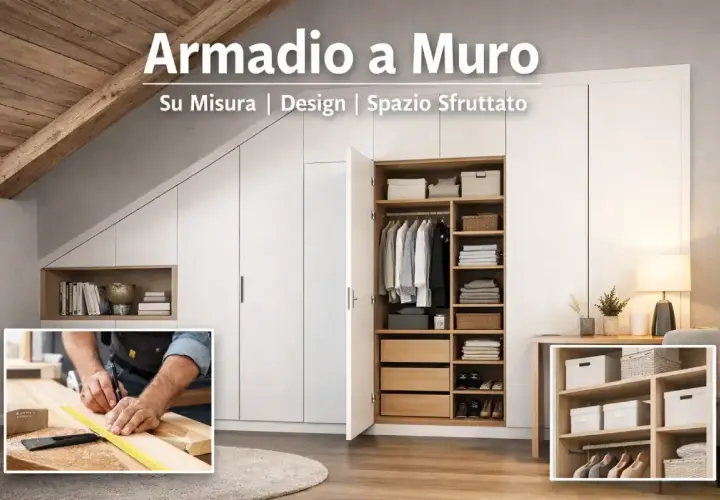 Armadio a muro fai da te, su misura, con interni ben organizzati e un inserto che mostra la lavorazione del legno.