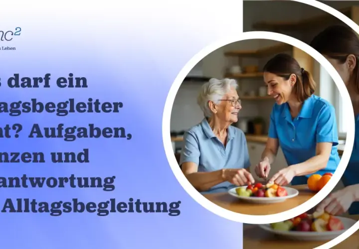Eine freundliche Alltagsbegleiterin bereitet mit einer älteren Dame Obst zu. Die Aufgaben und Grenzen der Alltagsbegleitung werden thematisiert.