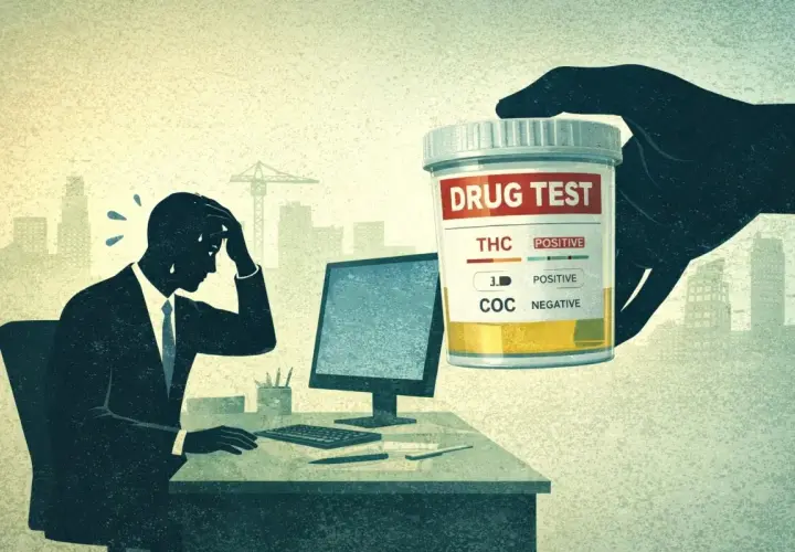 Un uomo preoccupato al computer, una mano offre un contenitore per il test per scoprire se tuo figlio si droga.