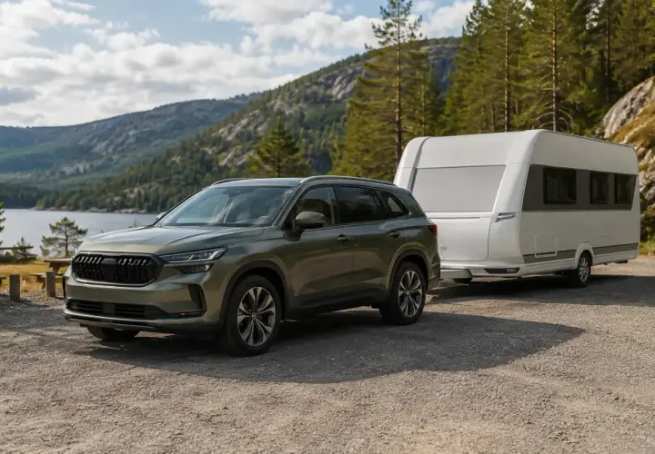Grön Skoda Kodiaq drar en husvagn vid en sjö i Sverige. Perfekt för ett skoda kodiaq test i naturen.