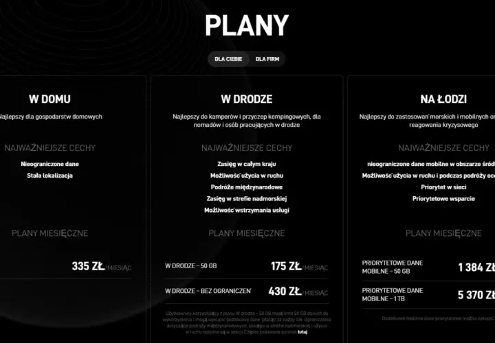 Porównanie planów Starlink: "W domu" 335 zł/mies., "W drodze" od 175 zł/mies., "Na łodzi" od 1384 zł/mies. Sprawdź, ile kosztuje Starlink dla Ciebie.