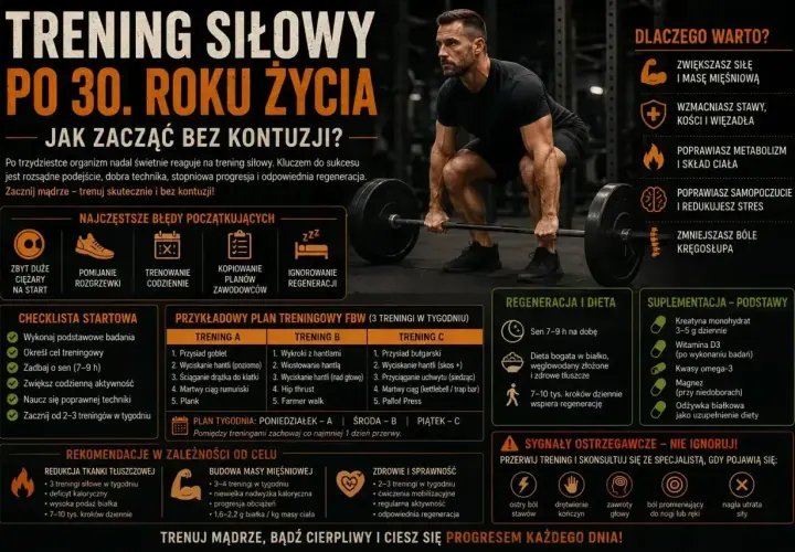 Mężczyzna podnosi sztangę. Grafika przedstawia plan treningowy po 30. roku życia, z ćwiczeniami, dietą i suplementacją.