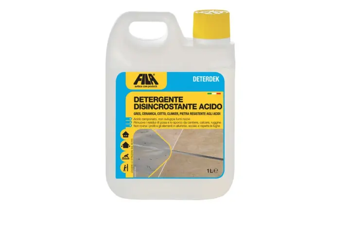 Detergente acido tamponato per gres e altre superfici resistenti. Rimuove sporco da cantiere, calcare e ruggine, rispettando fughe e metalli.