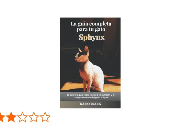 Un elegante gato egipcio, un Sphynx, posa bajo la luz. La portada del libro "La guía completa para tu gato Sphynx" promete información sobre salud y nutrición.