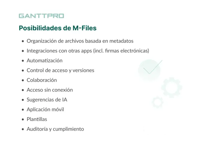 Lista de funcionalidades de M-Files, destacando la organización de archivos basada en metadatos, que explica el significado de metadatos en la gestión documental.