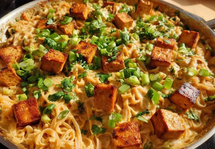 Pyszny makaron z tofu w kremowym sosie, posypany szczypiorkiem i kolendrą. Idealne danie dla wegan.