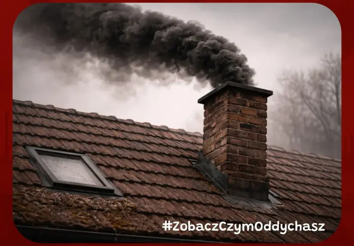Ciemny dym wydobywa się z ceglanego komina na tle pochmurnego nieba.