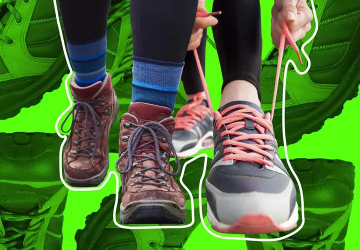 Comparing approach vs hiking shoes. One pair is sturdy, brown hiking boots, the other is a modern, grey and pink sneaker being laced up.