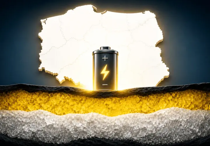 Bateria z symbolem błyskawicy na tle Polski, symbolizująca potencjał energetyczny kraju. Skala kurtyki ukazuje warstwy ziemi.