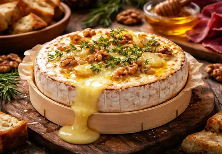 Coulommier au barbecue, fondant et garni de noix et de thym, prêt à être dégusté avec du pain grillé.
