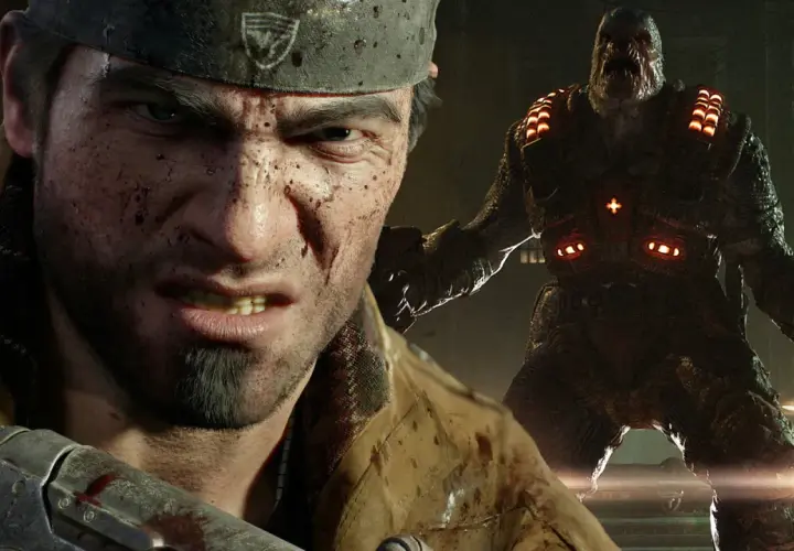 Ein Soldat im Kampf, im Hintergrund ein Locust-Krieger. Ein Moment aus Gears of War: E-Day.