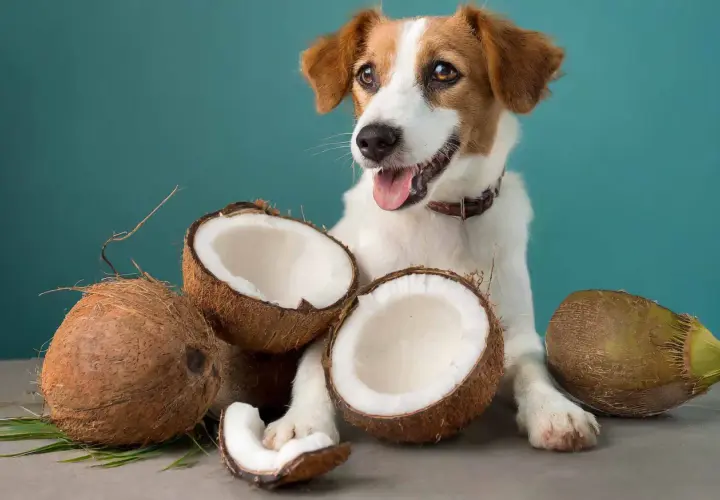 A happy dog sits with coconuts, hinting at whether coconut oil is good for dogs.