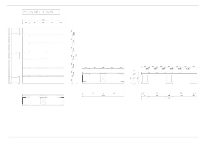 Rysunek techniczny przedstawia wymiary półpalety 600x800 mm, z podziałką i wymiarami poszczególnych elementów.