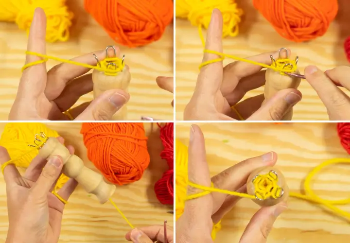 Schritt-für-Schritt-Anleitung zum Herstellen eines Strickliesel-Armbands mit gelbem Garn.