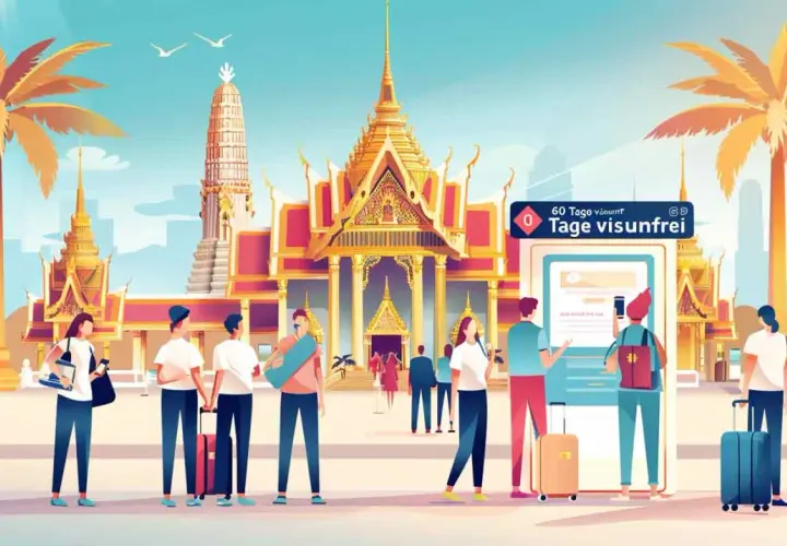 Touristen freuen sich auf Thailand 60 Tage ohne Visum. Palmen, Tempel und ein Willkommensbildschirm.