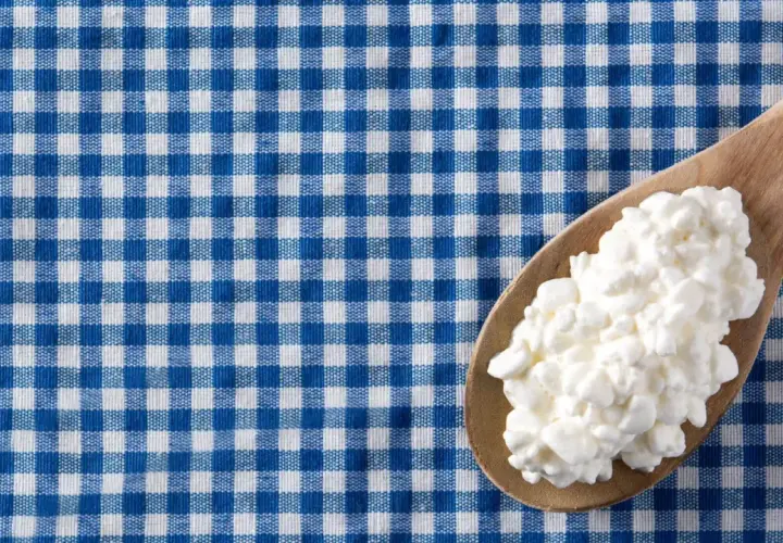 Un cucchiaio di jocca in gravidanza su una tovaglia a quadri blu e bianchi.