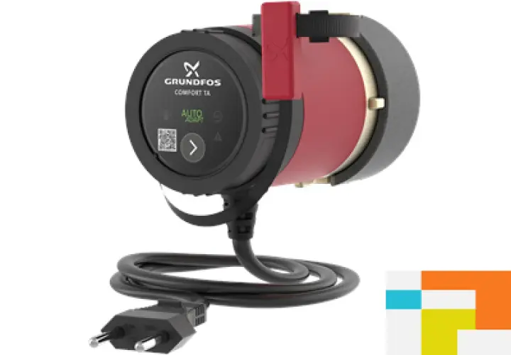 Pompa obiegowa Grundfos Comfort 15-14 B PM z cyfrowym wyświetlaczem i kablem zasilającym.