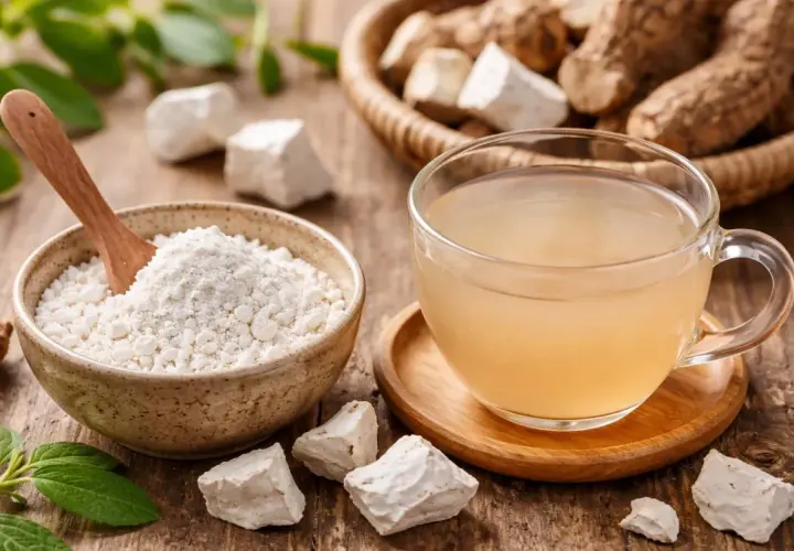 Polvere bianca in una ciotola e una tazza di bevanda chiara, ingredienti naturali per il reflusso.