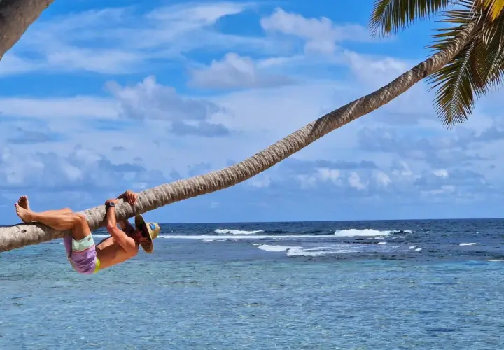 Mężczyzna w kapeluszu wisi na palmie nad turkusową wodą. Idealny dzień na plaży w Laguna Beach.