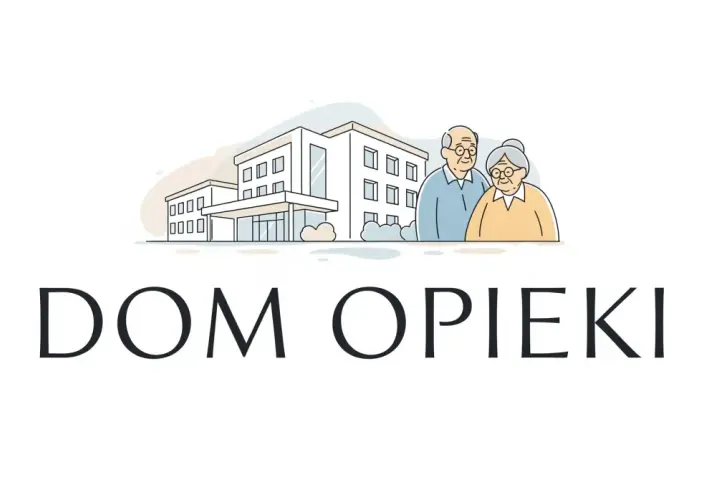 Ilustracja domu opieki z parą starszych ludzi i napisem "DOM OPIEKI".