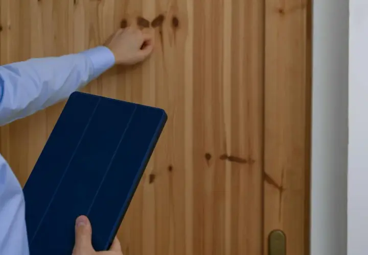 Ręka puka do drzwi, trzymając tablet. Może to być właściciel, który ma problem, bo lokator nie chce się wyprowadzić po zakończeniu umowy.
