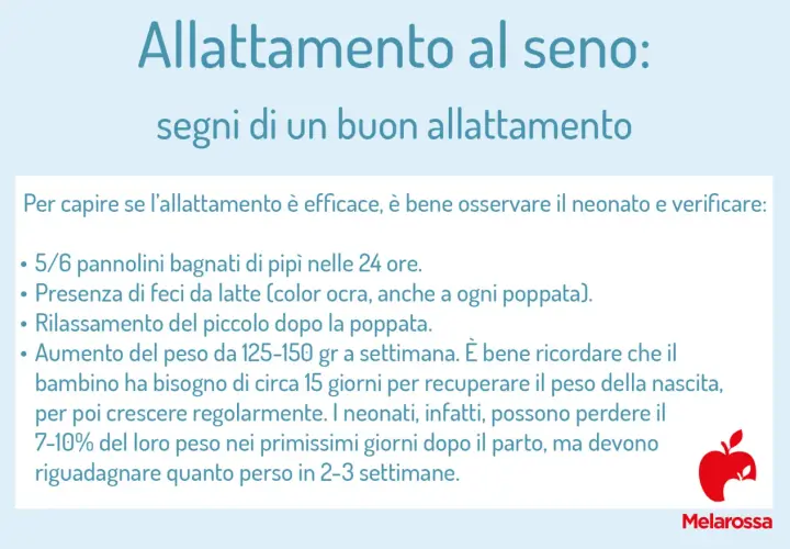 Segni di un buon allattamento: pannolini bagnati, feci da latte, rilassamento e aumento di peso. Un momento in allattamento sereno per mamma e neonato.