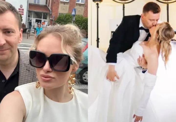 Łukasz Grabarczyk i jego żona w dniu ślubu. Para całuje się na parkiecie, otoczona mgłą.
