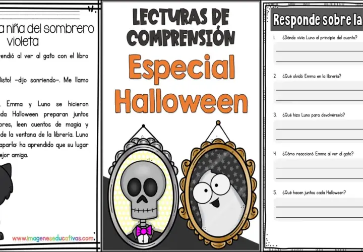 Un gato negro y una niña celebran Halloween. Actividad de comprensión lectora con preguntas sobre la historia de Emma y Luno.