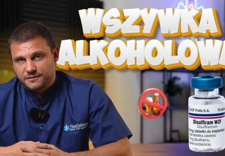 Mężczyzna w kitlu i buteleczka Disulfiramu WZF. Czy to esperal co to jest?