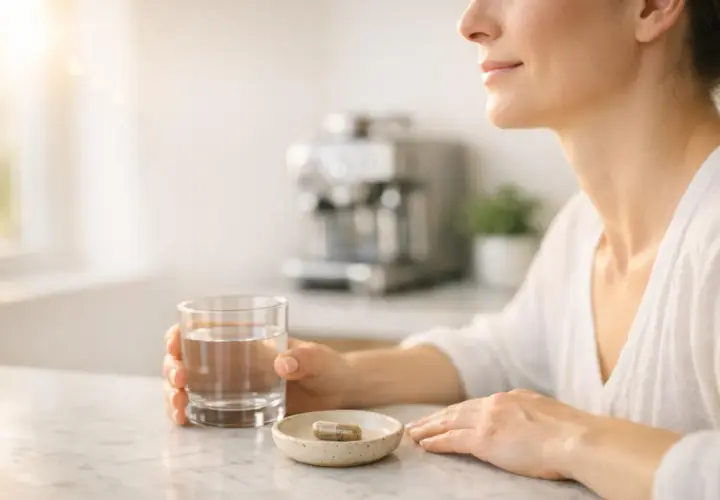 Donna con bicchiere d'acqua e capsula di ashwagandha. Il momento giusto per assumerla? Scopri quando prenderla per massimizzare i benefici.