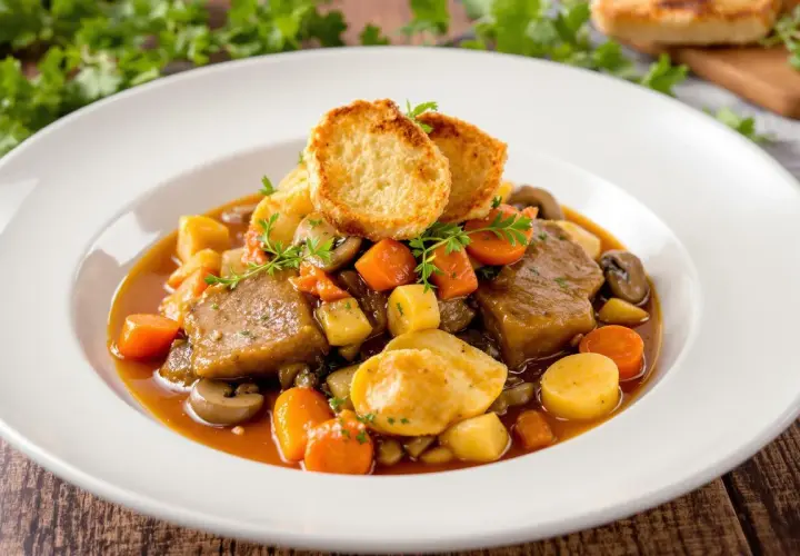 Un plat réconfortant de veau marengo, mijoté avec des carottes, des pommes de terre et des champignons, garni de croûtons croustillants.