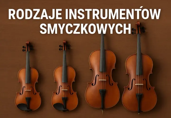 Cztery instrumenty smyczkowe: skrzypce i wiolonczele, prezentujące jakie są instrumenty strunowe.